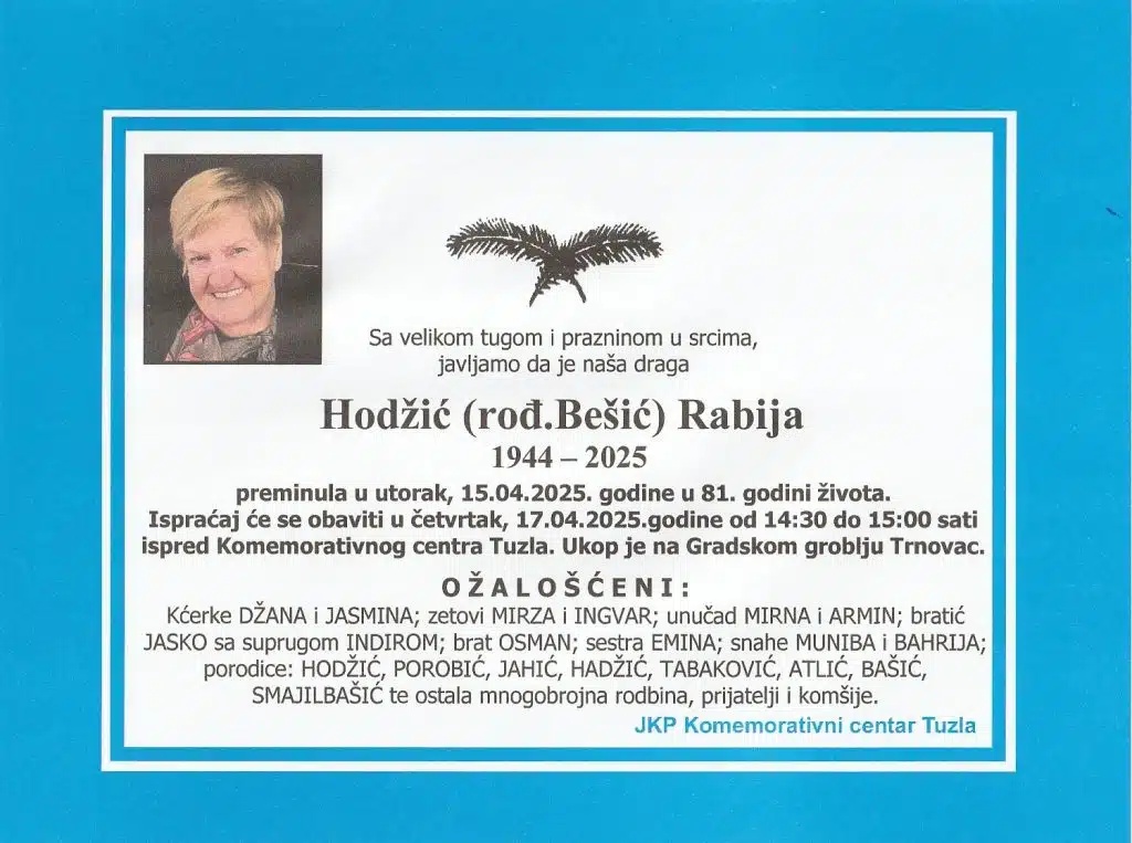 Preminula je Hodžić Rabija Preminula je Hodžić Rabija