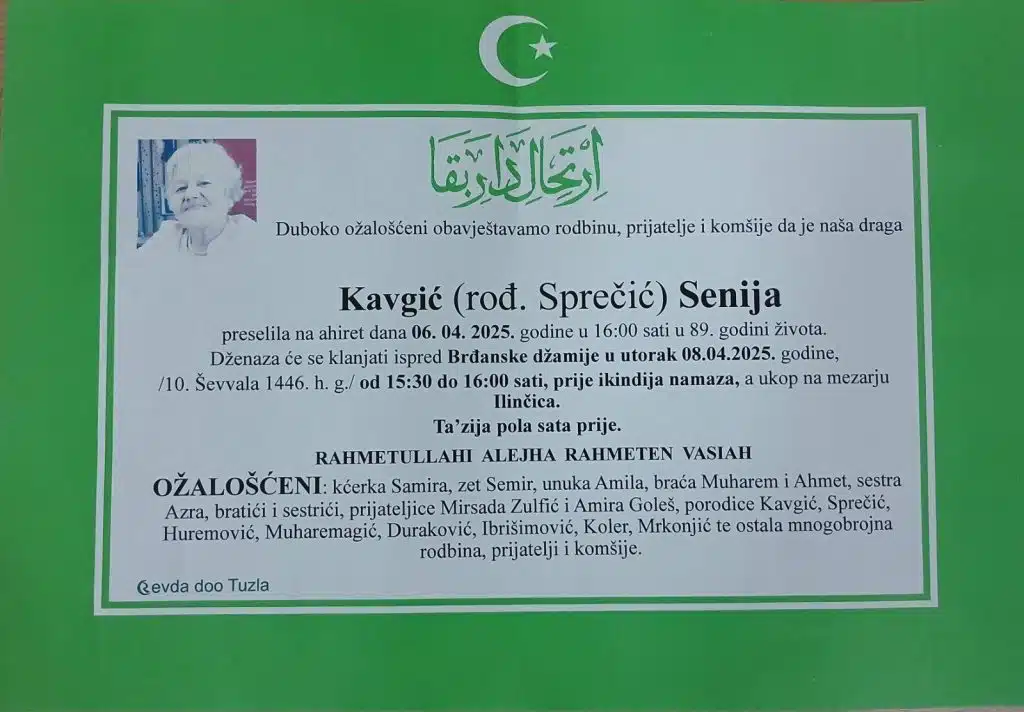 Preminula je Kavgić Senija Preminula je Kavgić Senija
