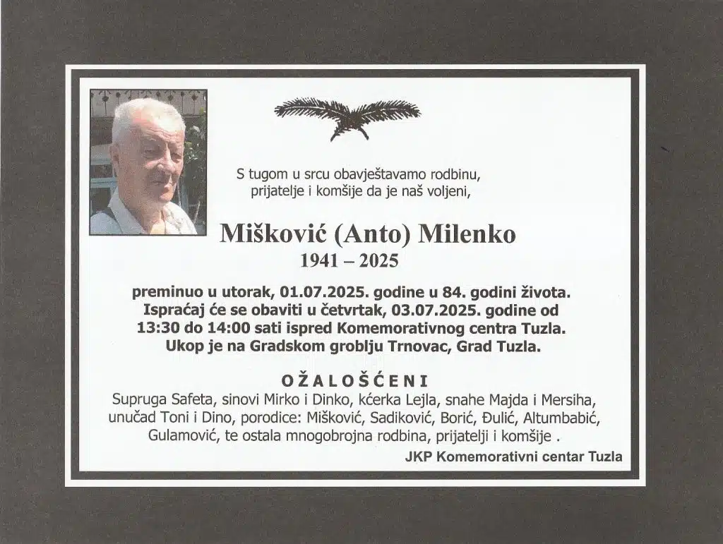 Preminuo je Mišković Milenko Preminuo je Mišković Milenko