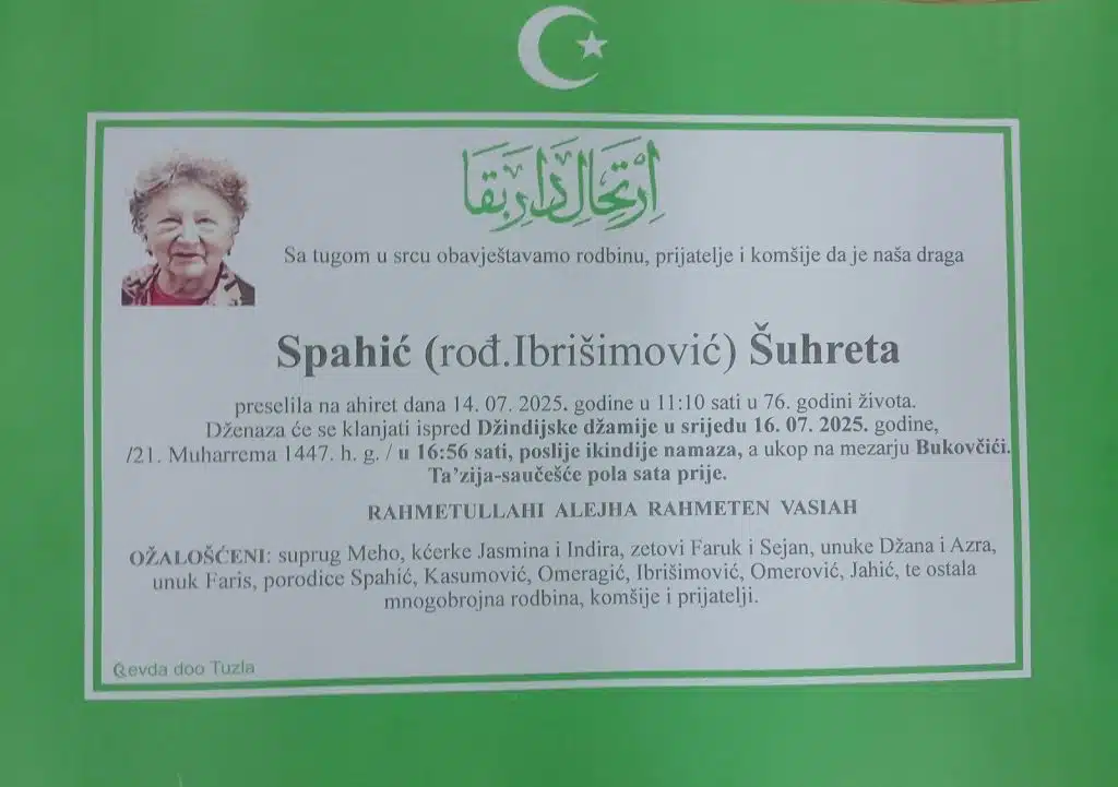 Preminula je Spahić Šuhreta Preminula je Spahić Šuhreta