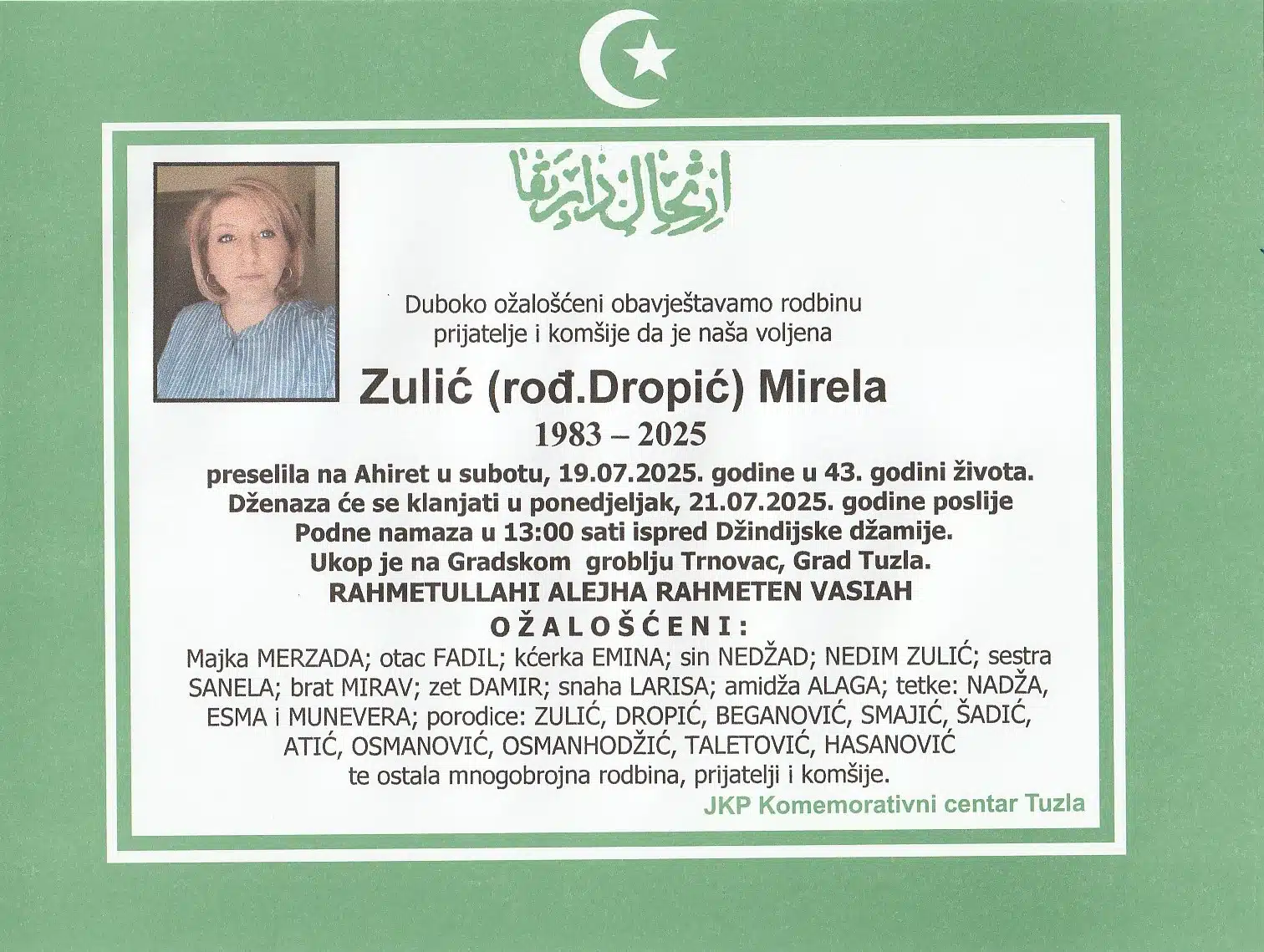 Preminula je Mirela Zulić