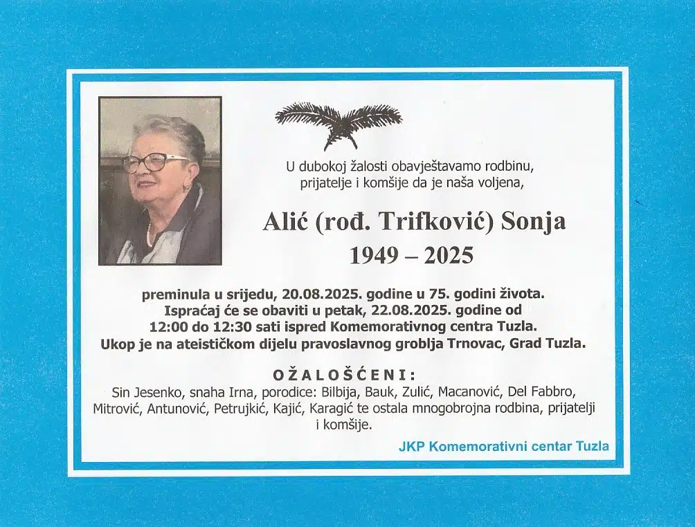 Preminula je Alić Sonja