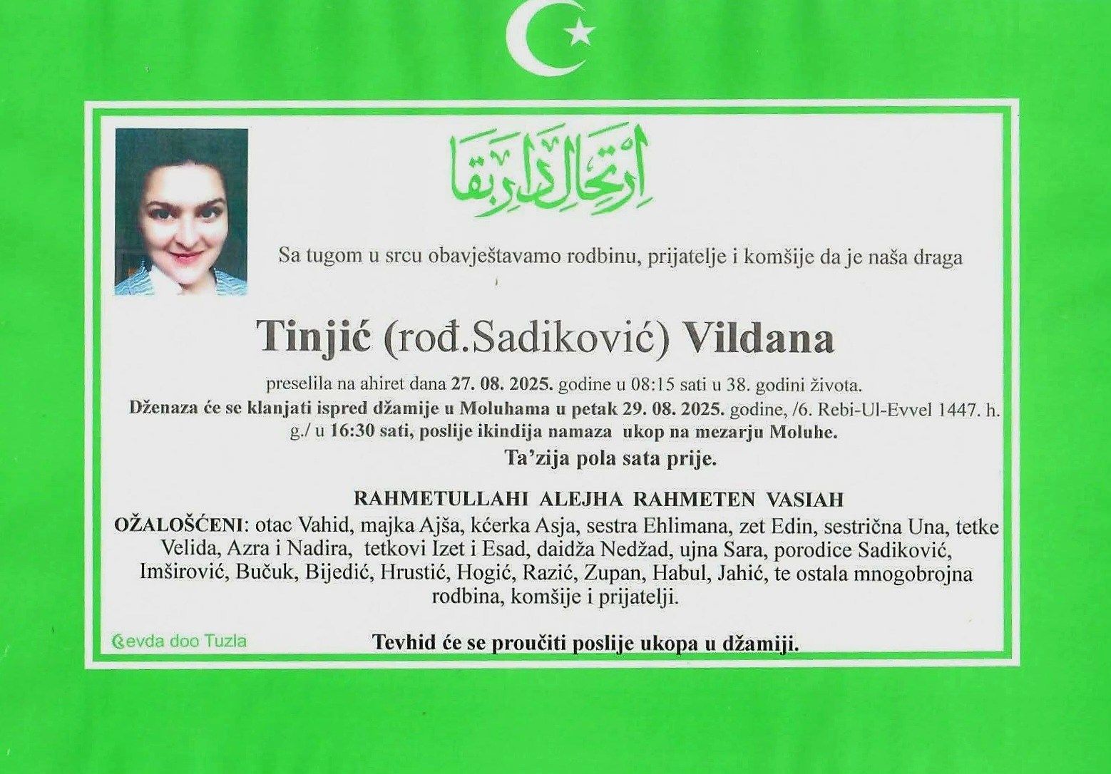 Preminula je Tinjić Vildana