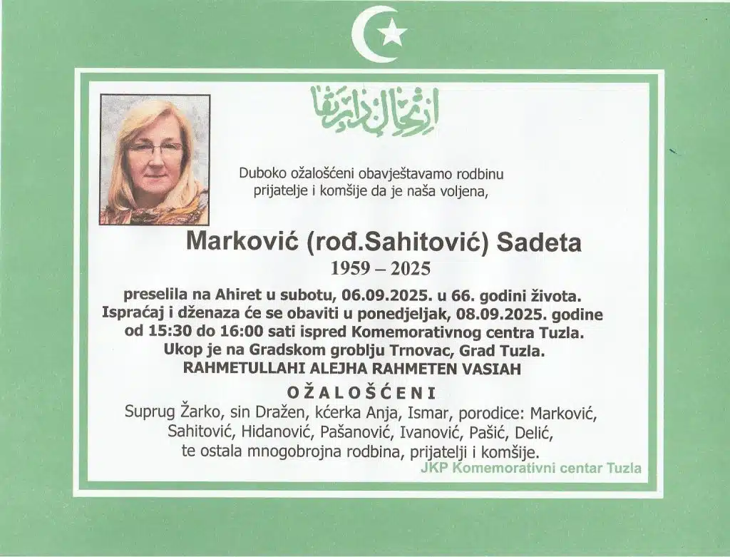 Preminula je Marković Sadeta Preminula je Marković Sadeta