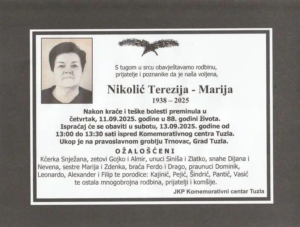 Preminula je Nikolić Terezija - Marija Preminula je Nikolić Terezija - Marija