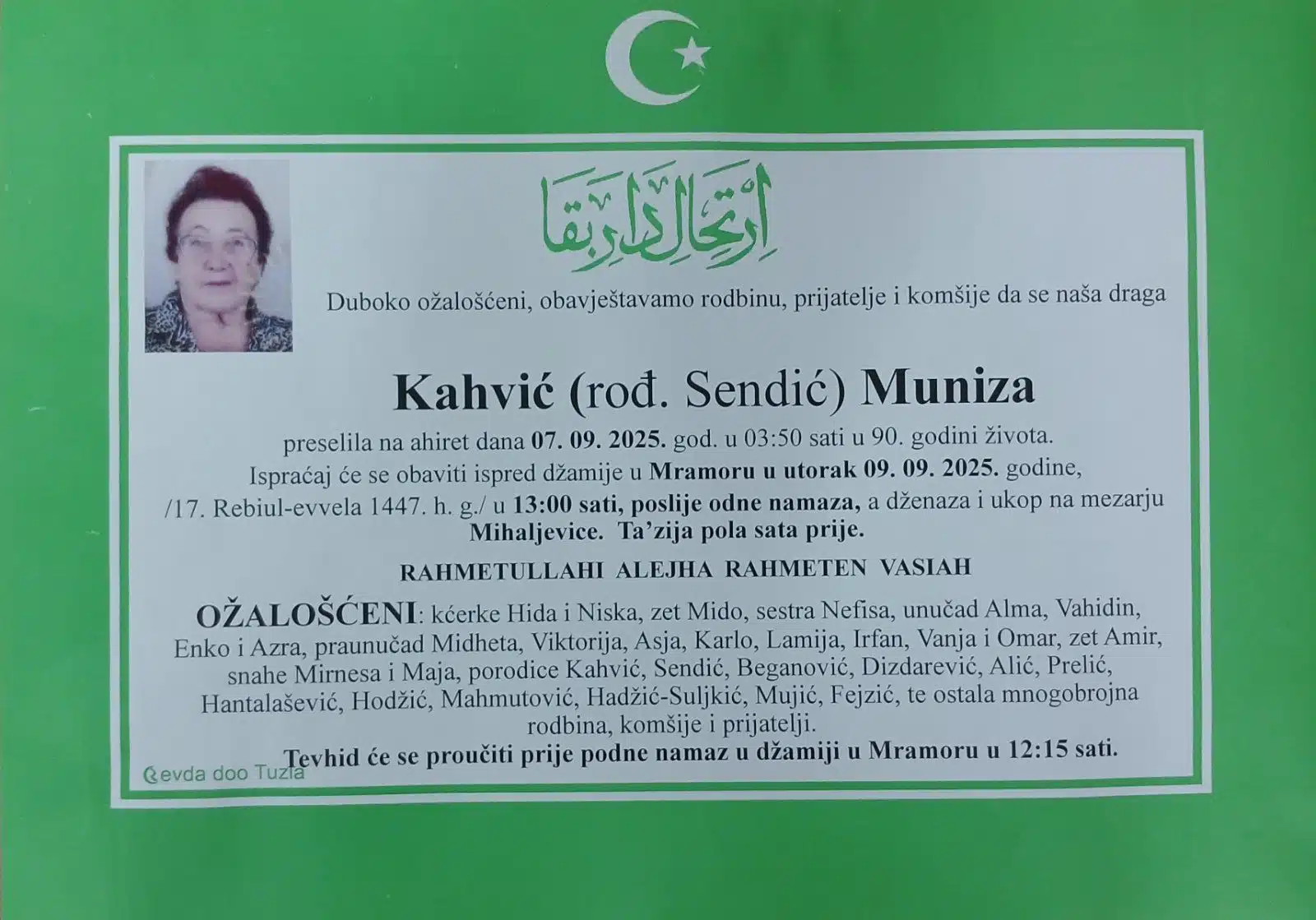 Preminula je Kahvić (rođ. Sendić) Muniza