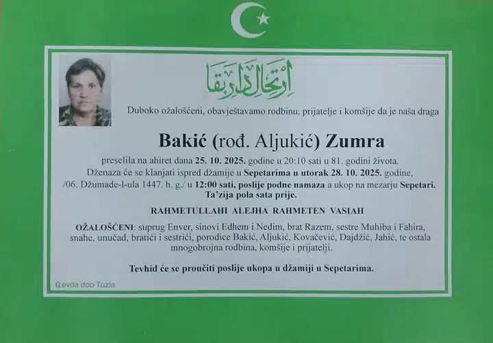 Preminula je Bakić Zumra