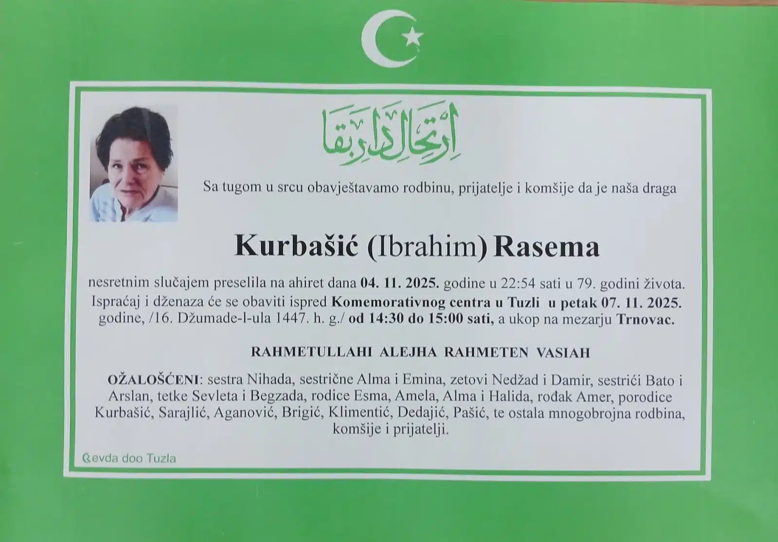 Preminula je Rasema Kurbašić