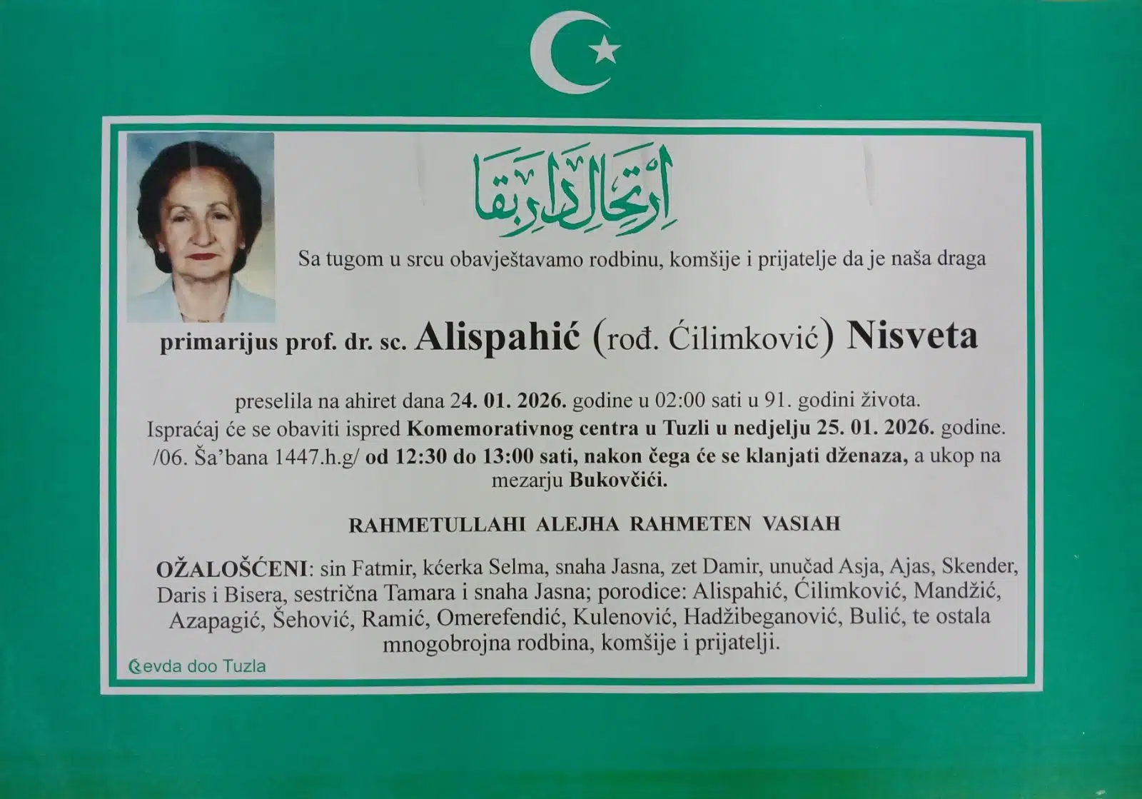 Preminula je primarijus prof. dr. sc. Nisveta Alispahić