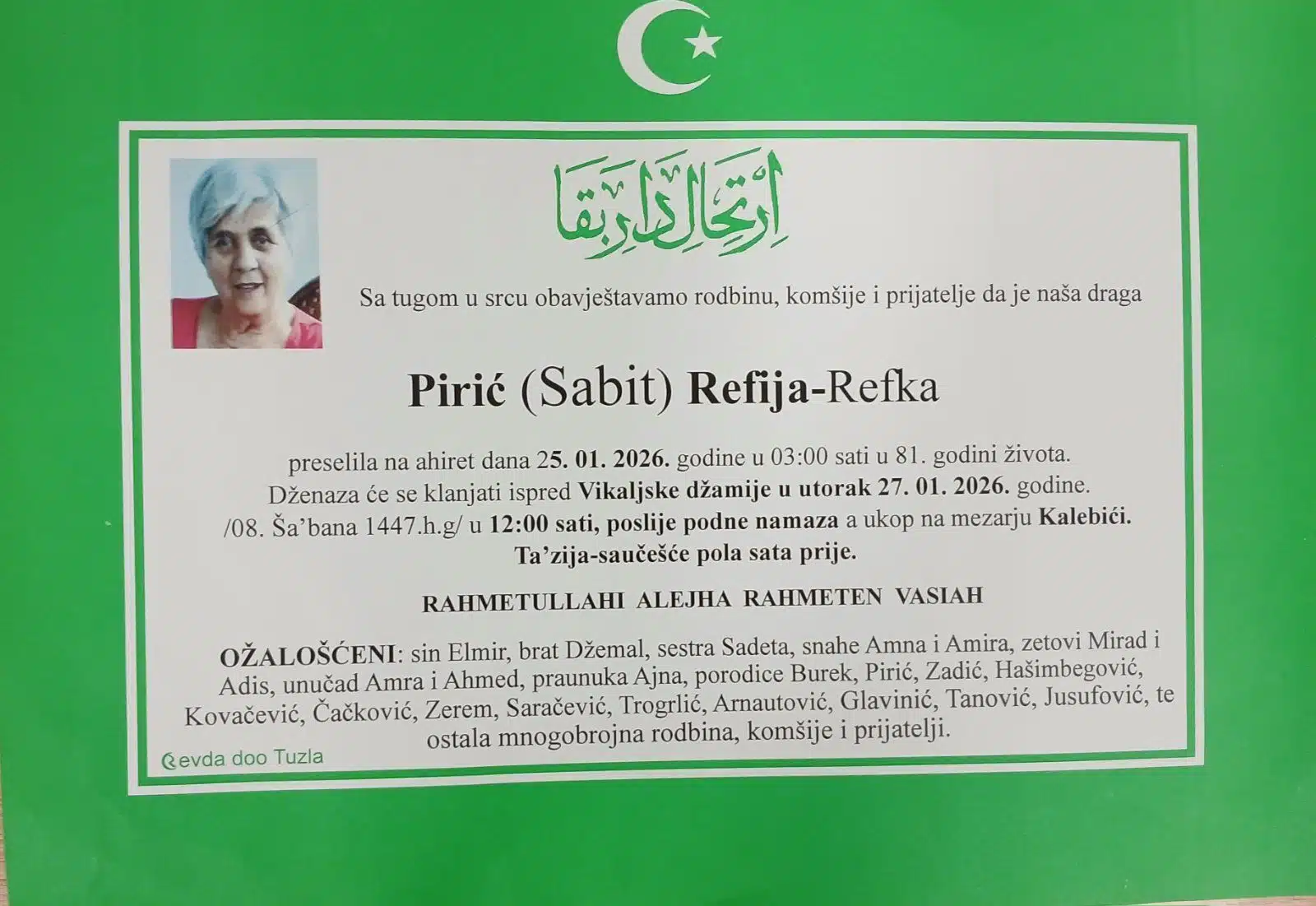 Preminula je Refija Pirić Refka