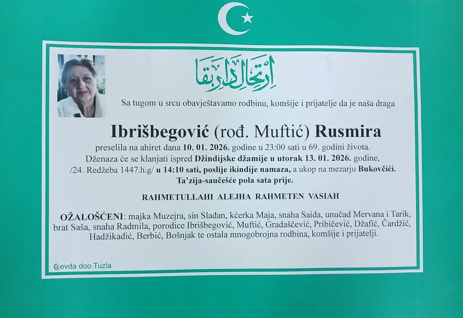 Preminula je Rusmira Ibrišbegović