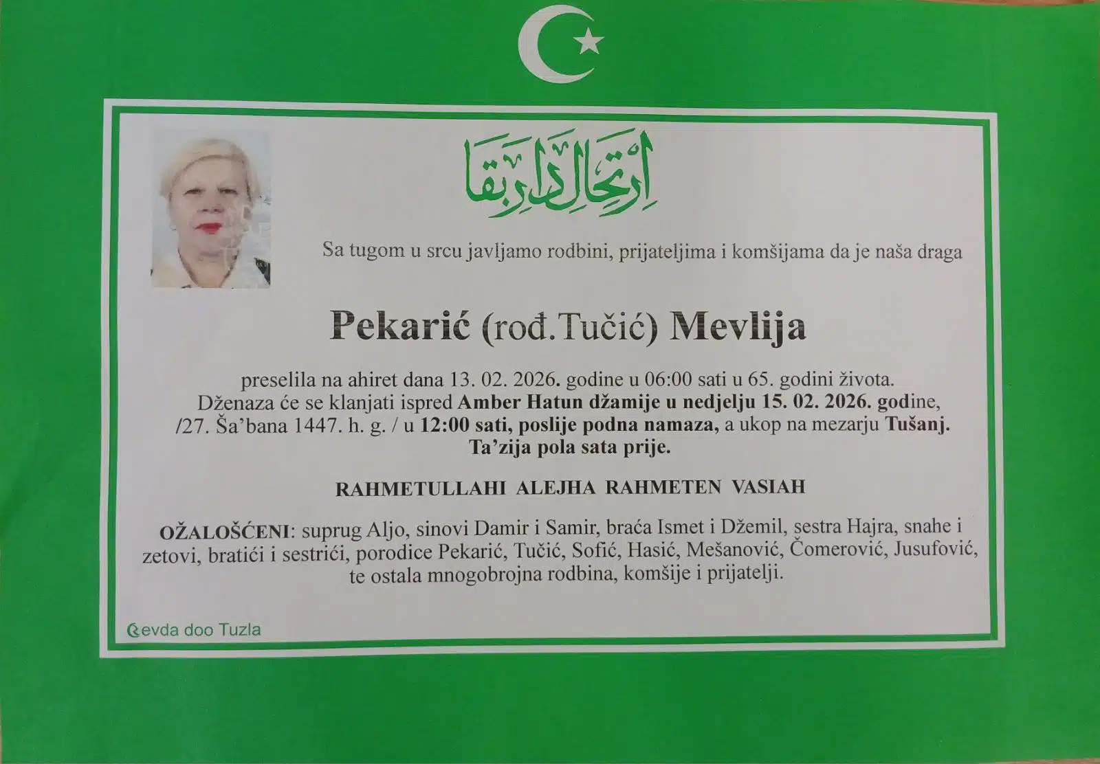 Preminula je Mevlija Pekarić