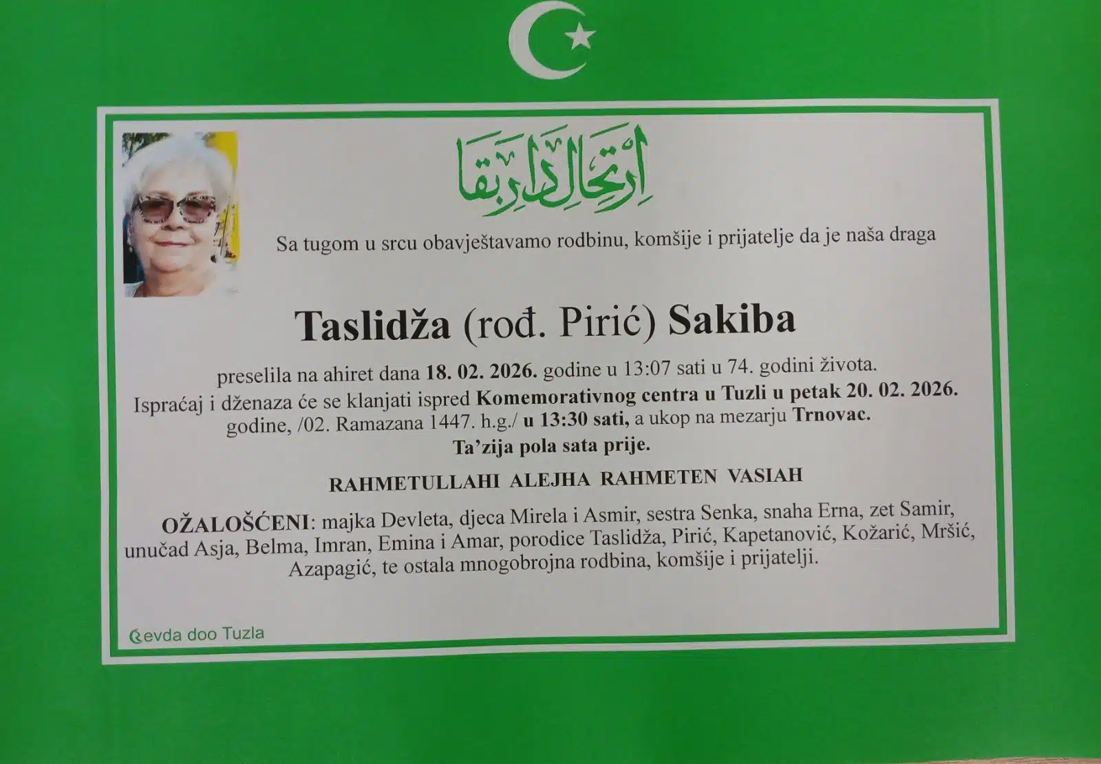 Preminula je Sakiba Taslidža