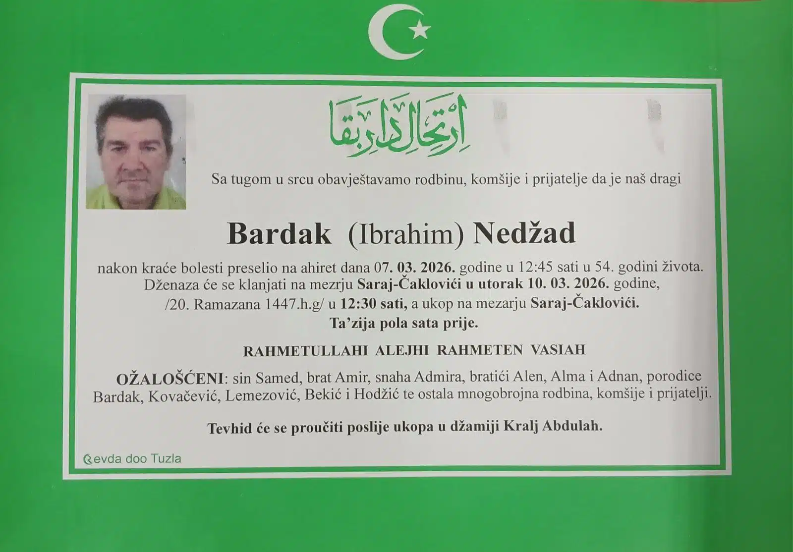 Preminuo je Nedžad Bardak