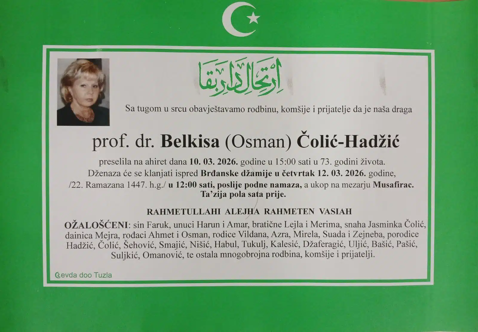Preminula je prof.dr. Belkisa Čolić – Hadžić