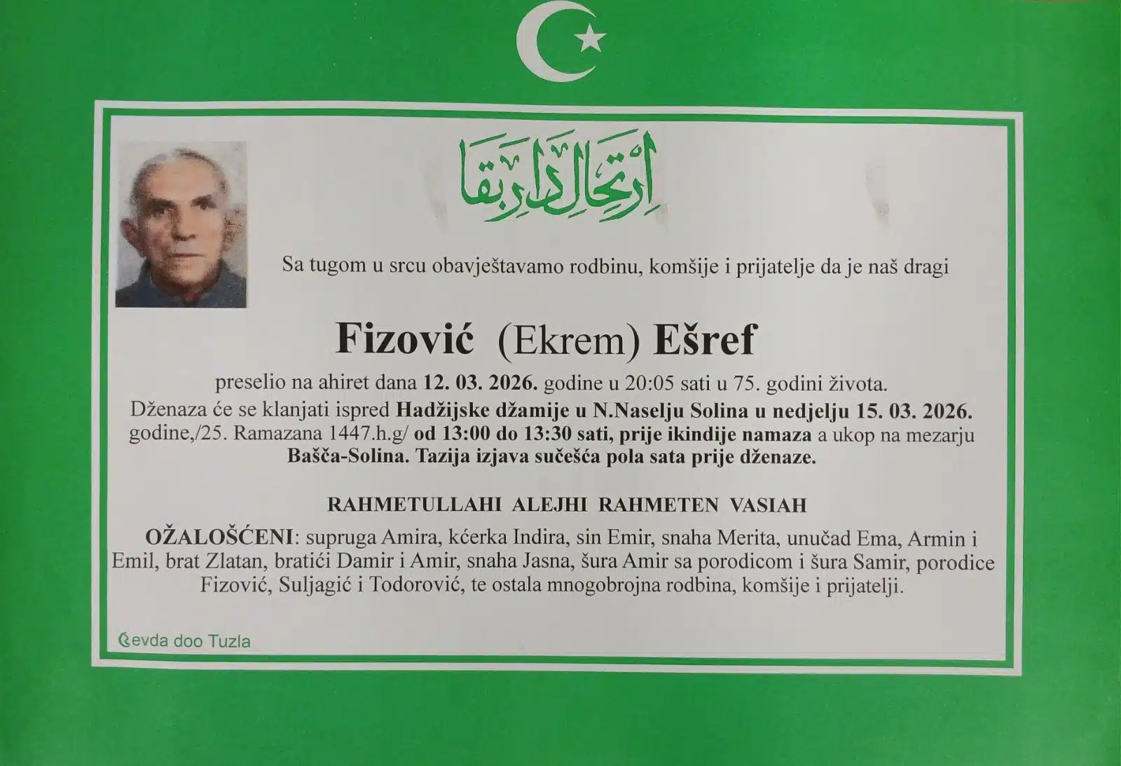 Preminuo je Ešref Fizović