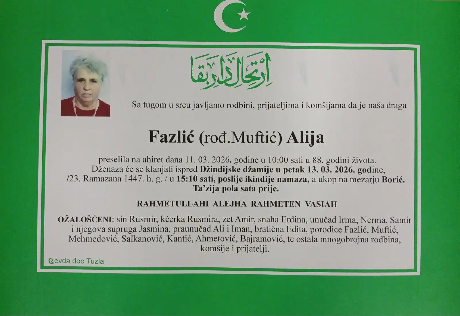 Preminula je Alija Fazlić