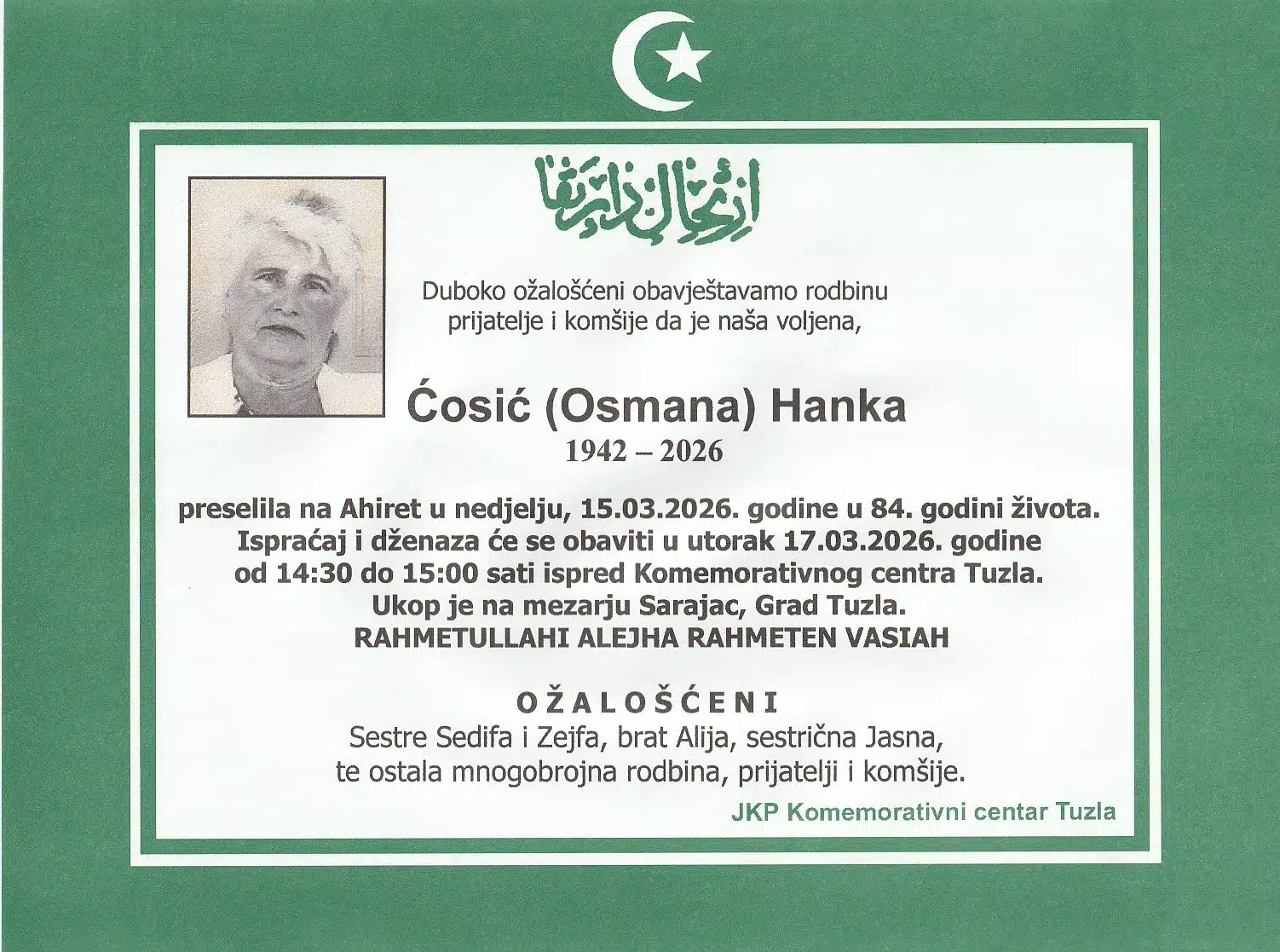 Preminula je Hanka Ćosić