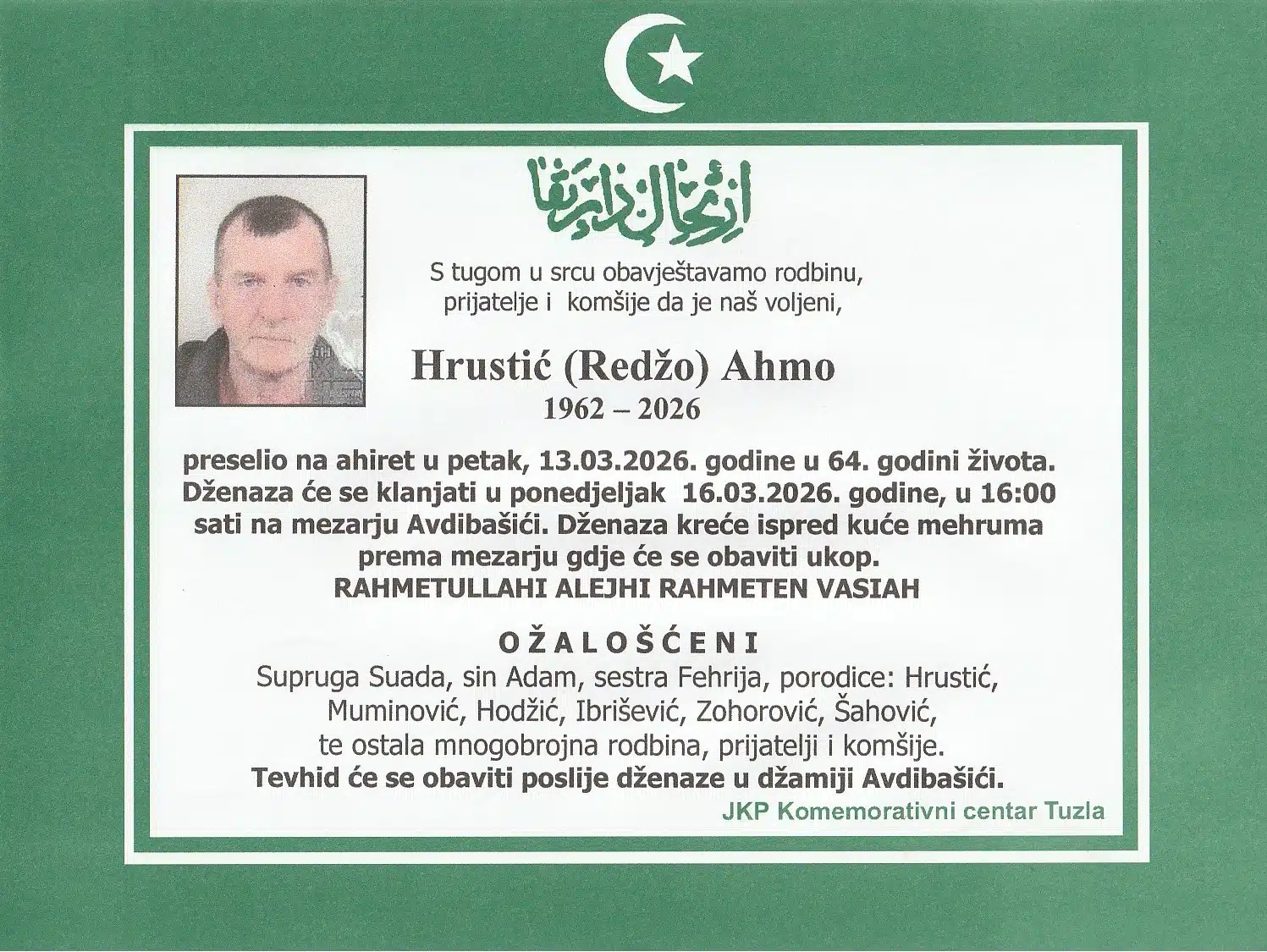 Preminuo je Ahmo Hrustić