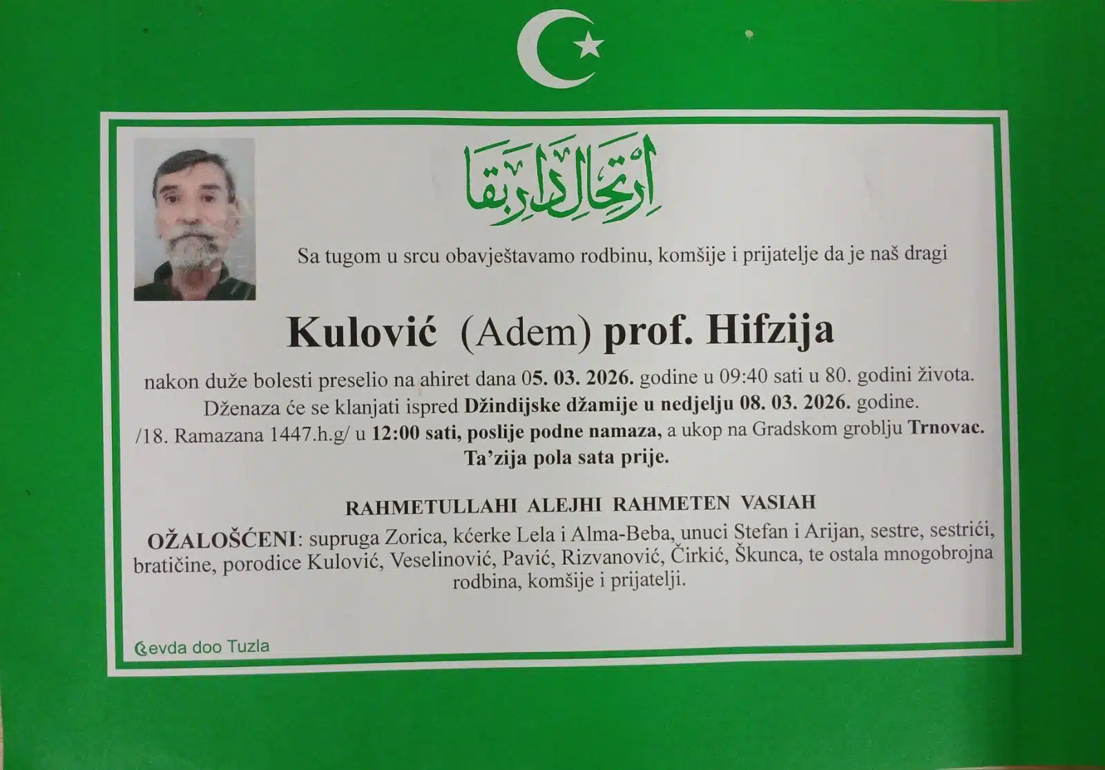 Preminuo je Hifzija prof. Kulović