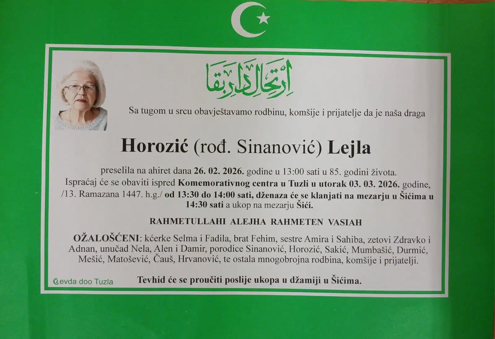 Preminula je Lejla Horozić
