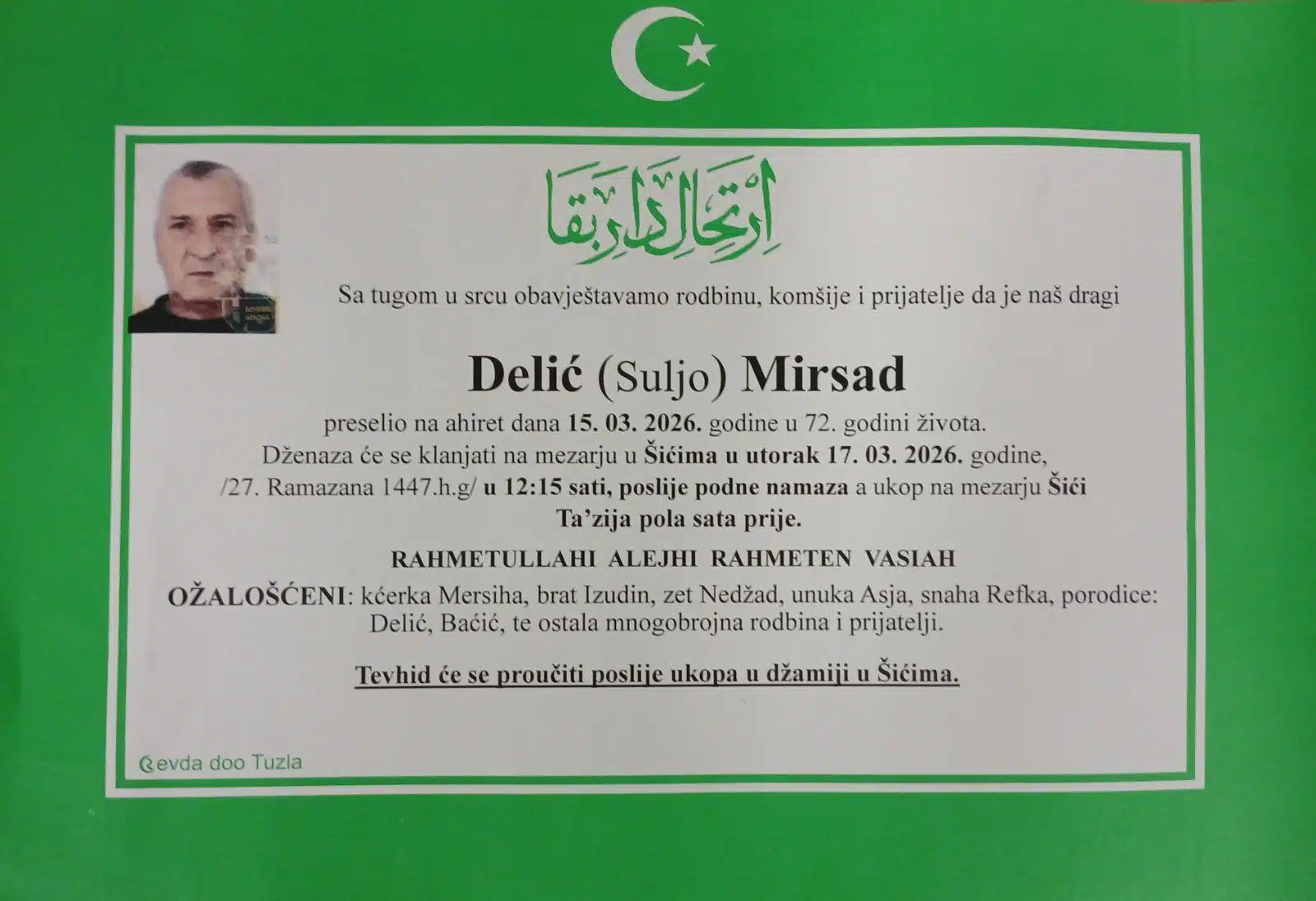 Preminuo je Mirsad Delić