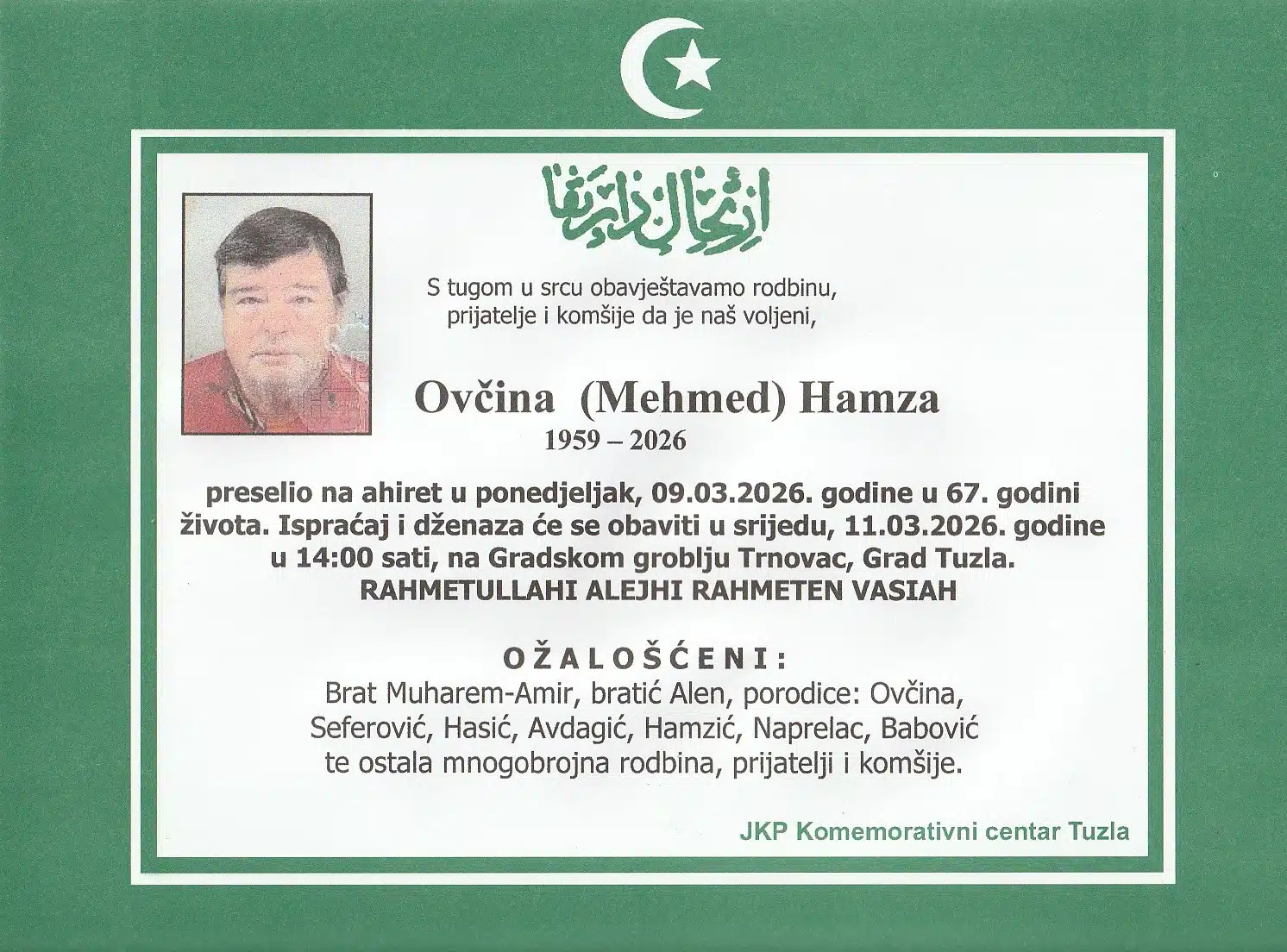 Preminuo je Hamza Ovčina