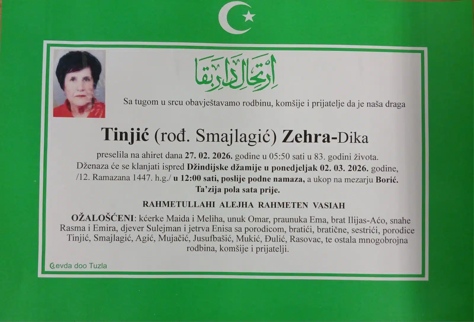 Preminula je Zehra Tinjić Dika