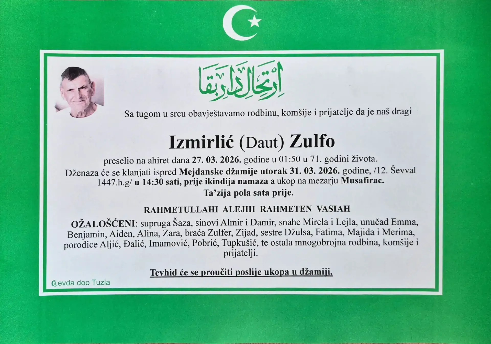Preminuo je Zulfo Izmirlić