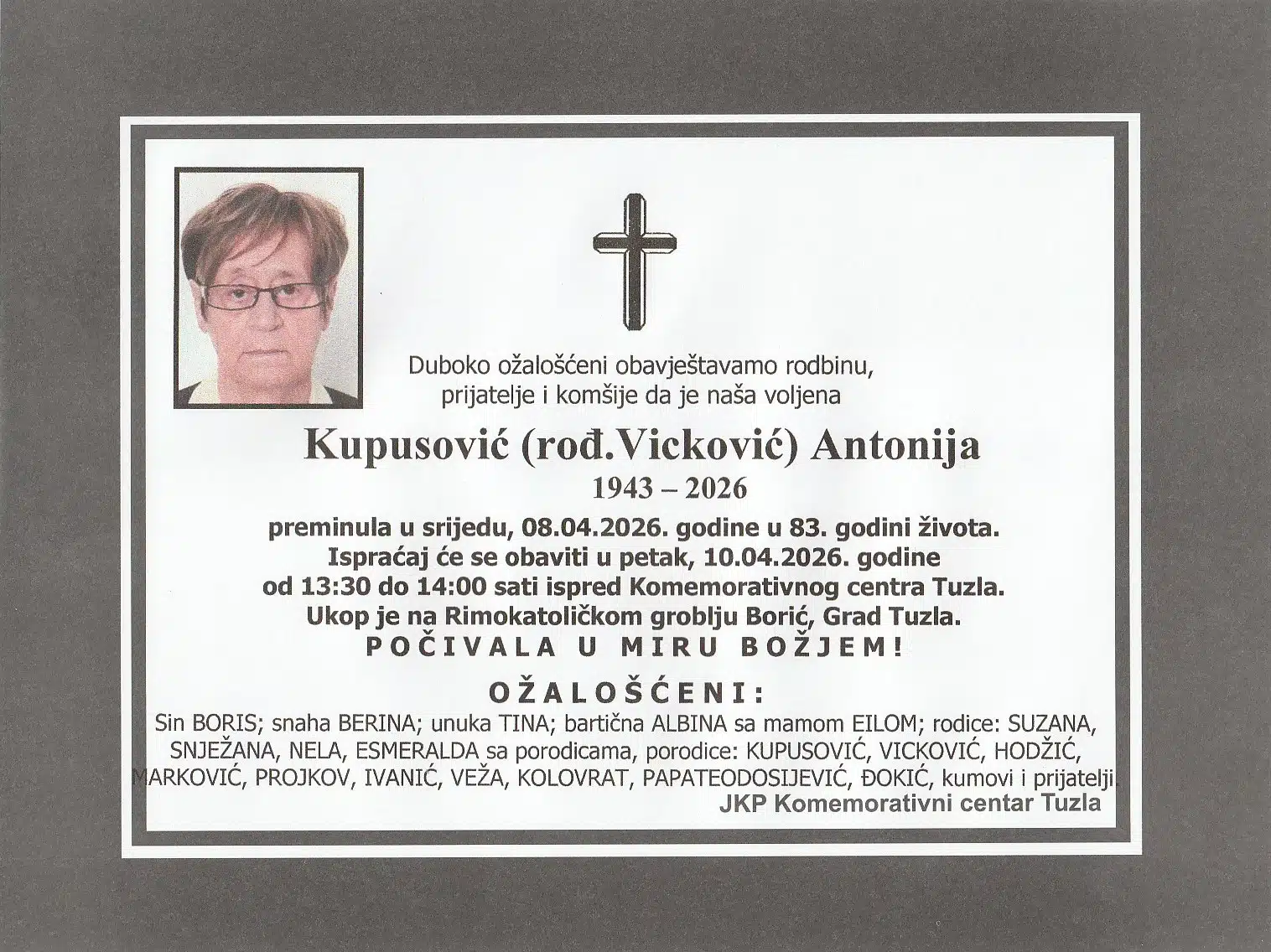 Preminula je Antonija Kupusović