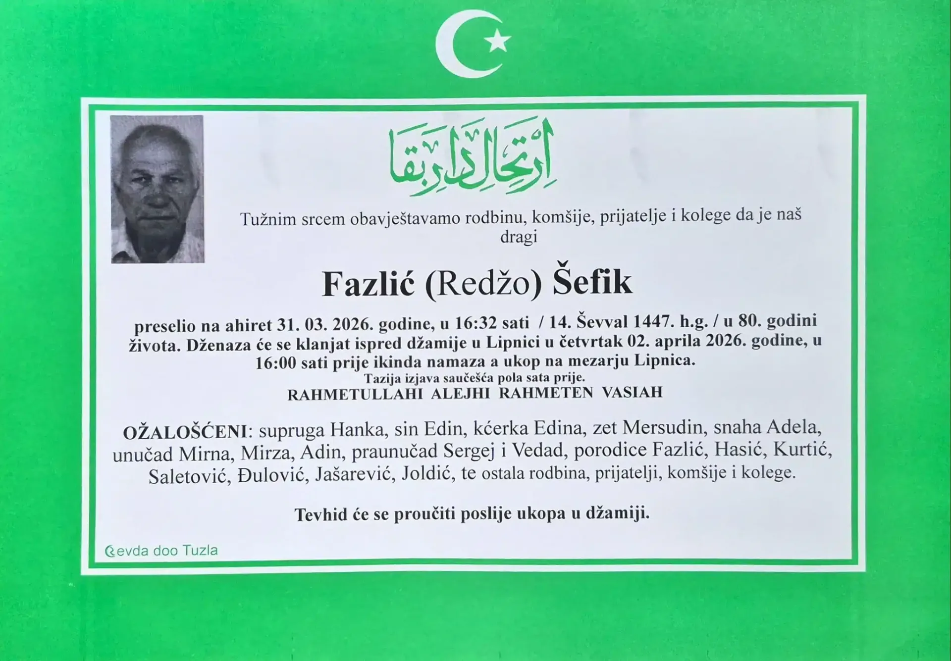 Preminuo je Šefik Fazlić