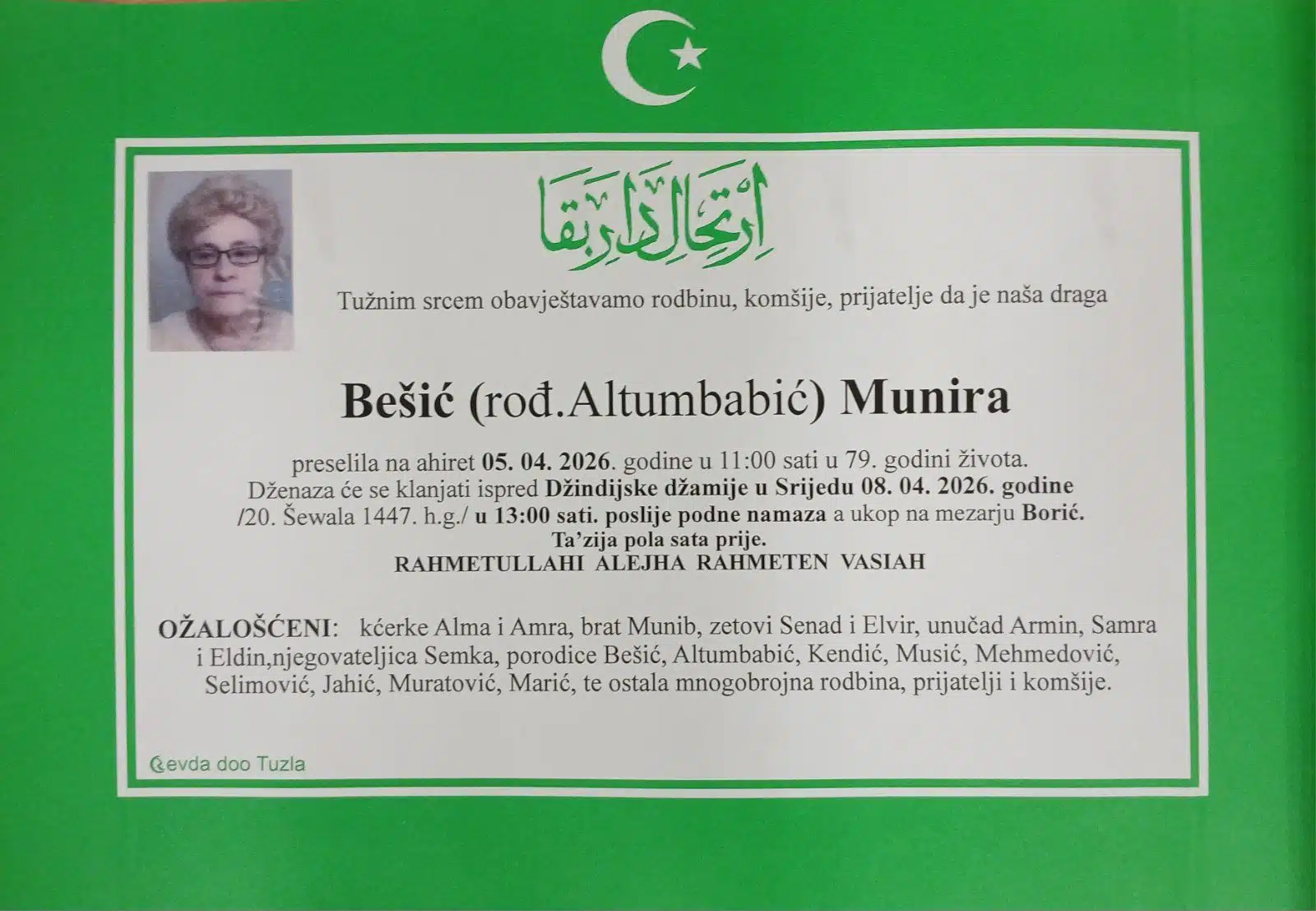 Preminula je Munira Bešić