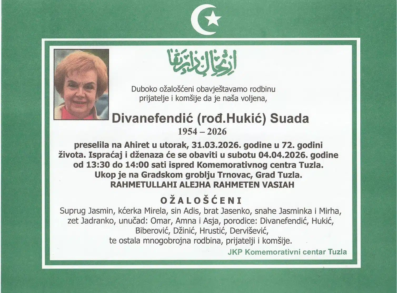 Preminula je Suada Divanefendić