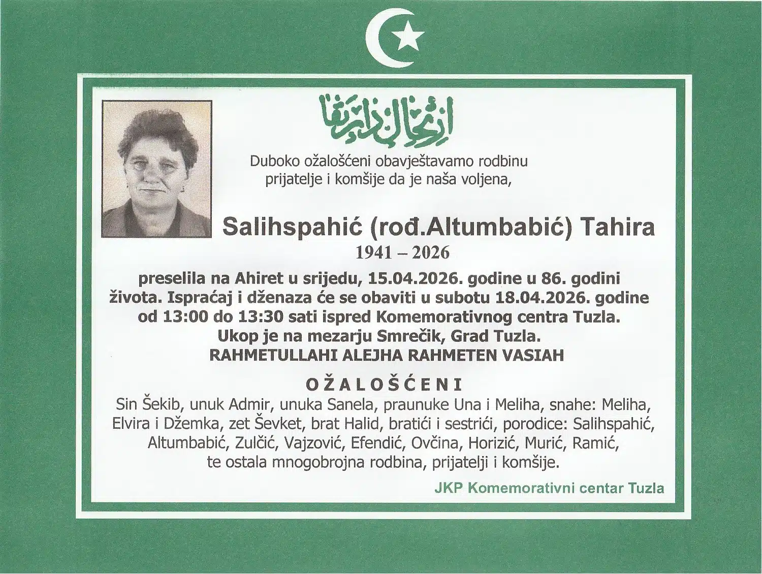Preminula je Tahira Salihspahić
