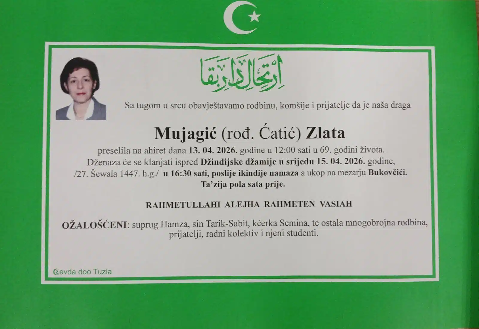 Preminula je Zlata Mujagić