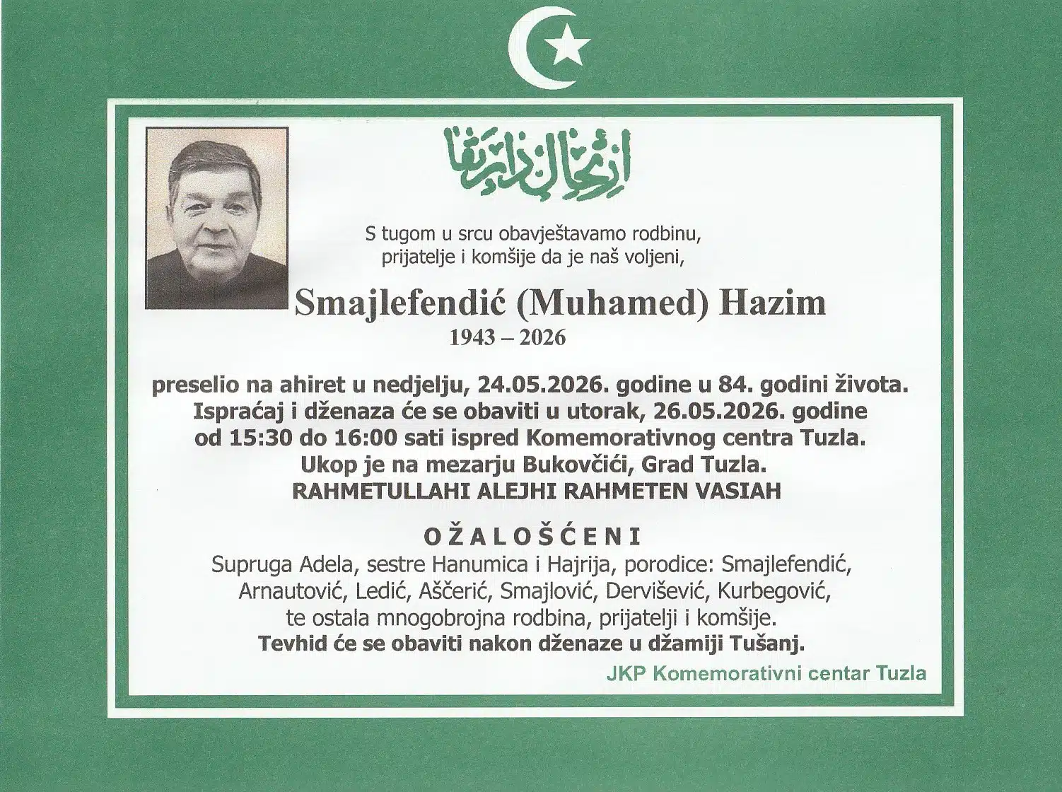 Preminuo je Hazim Smajlefendić