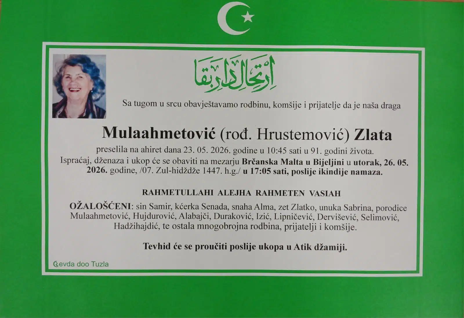 Preminula je Zlata Mulaahmetović