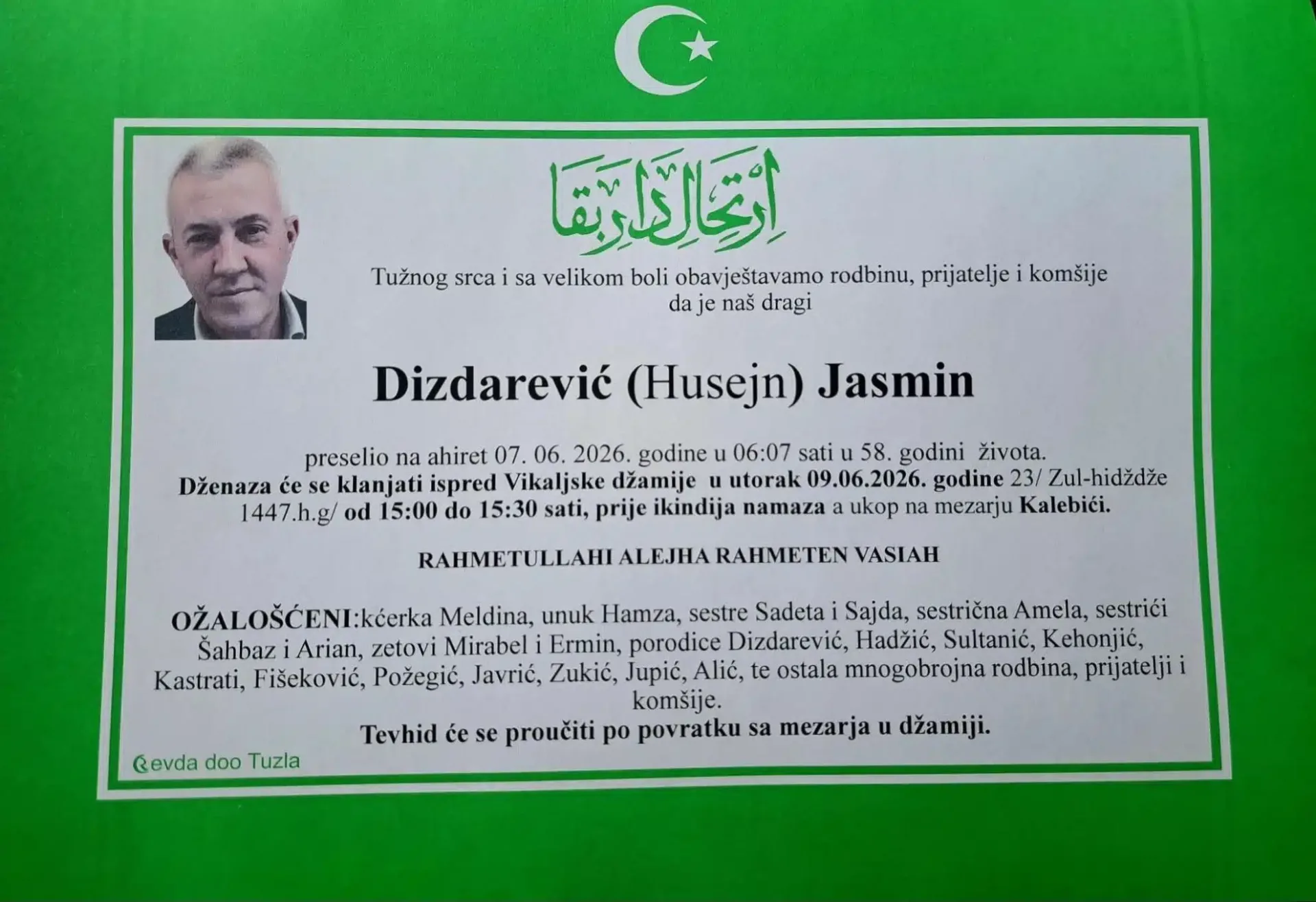 Preminuo je Jasmin Dizdarević