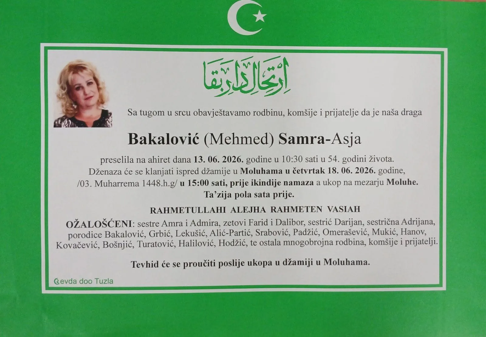 Preminula je Samra Asja Bakalović