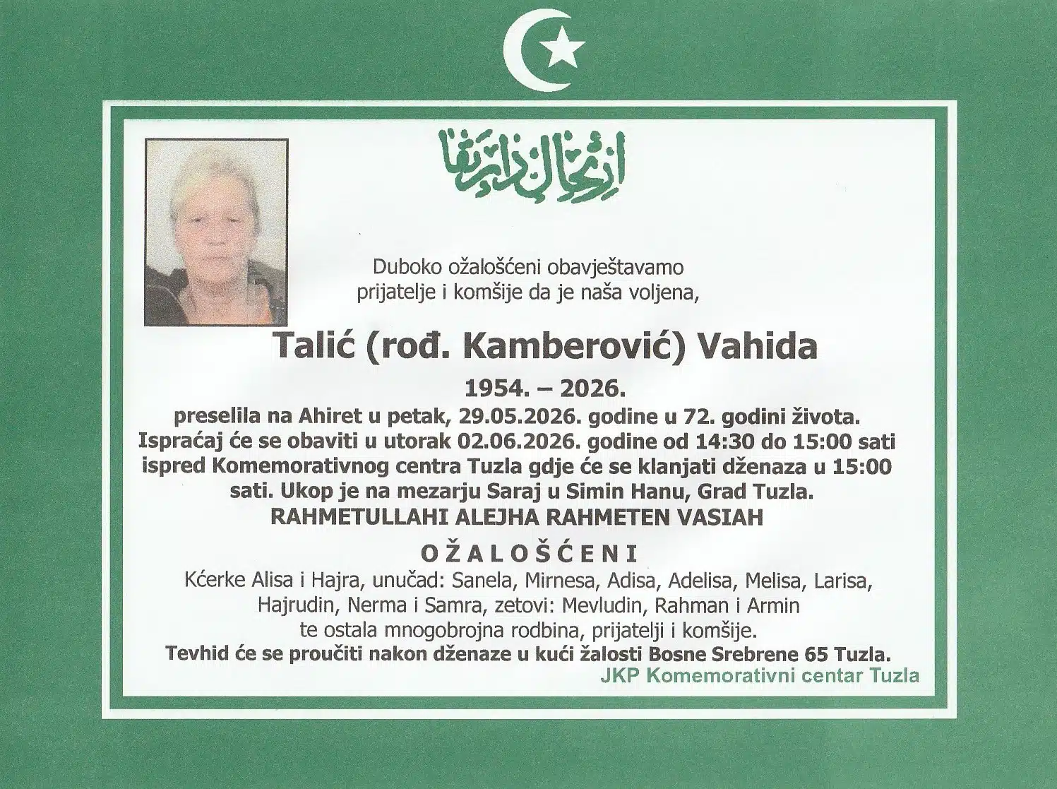Preminula je Vahida Talić