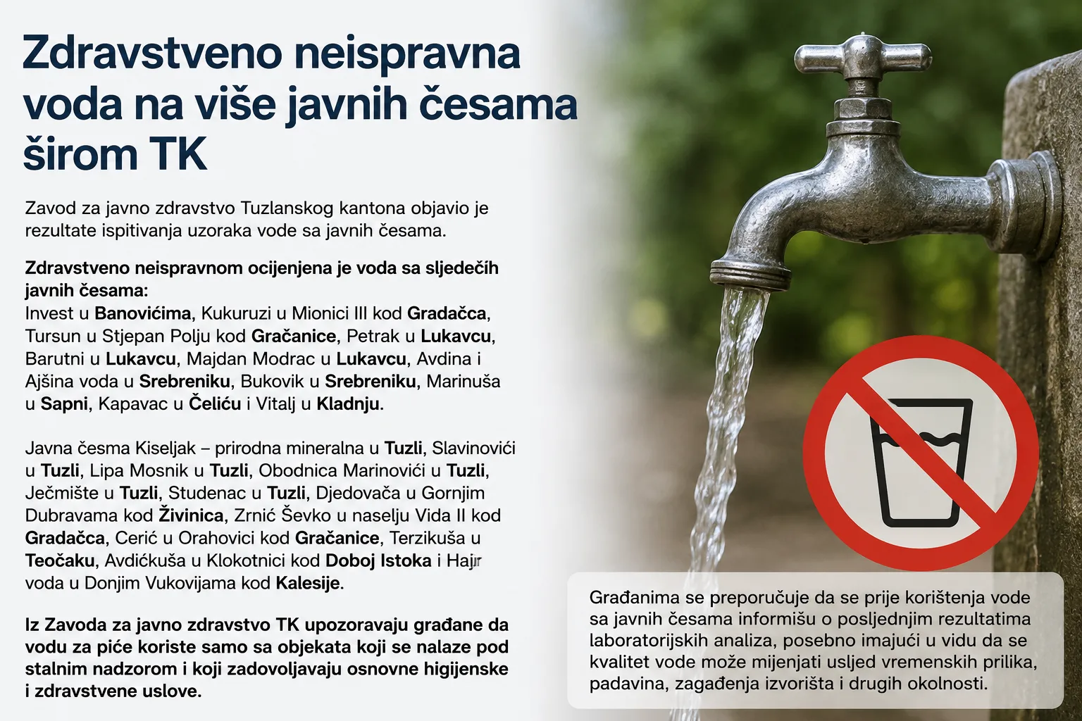 Zavod za javno zdravstvo TK upozorio: Voda sa više javnih česama nije zdravstveno ispravna