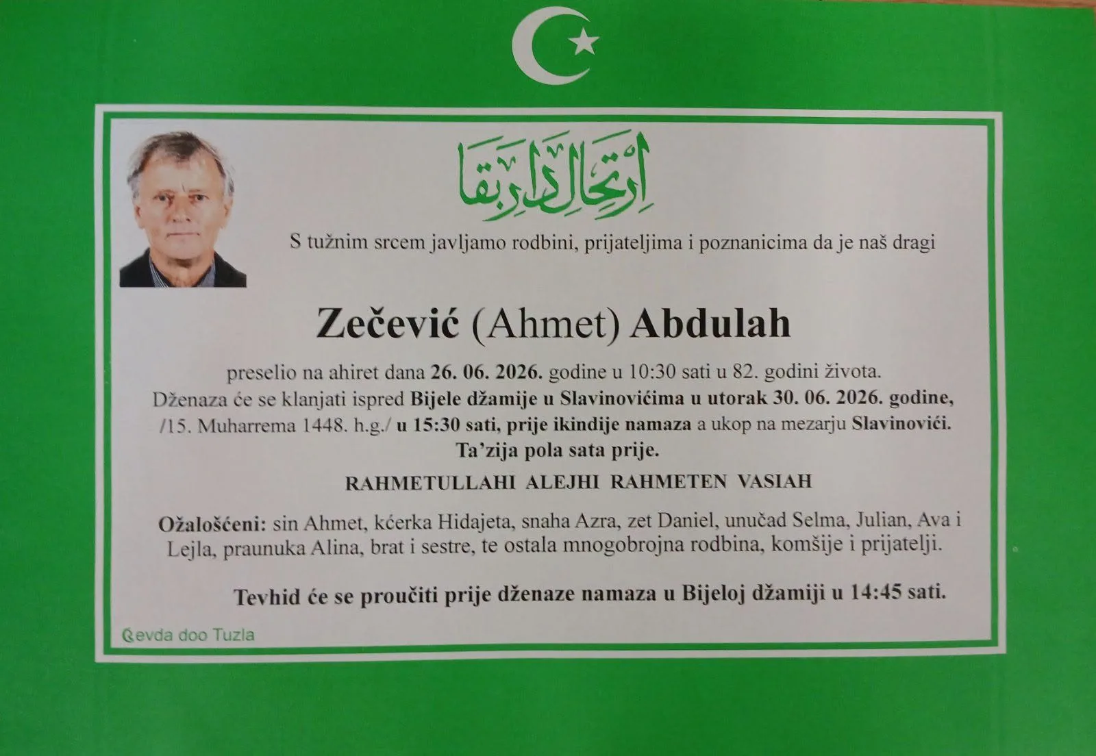 Preminuo je Abdulah Zečević