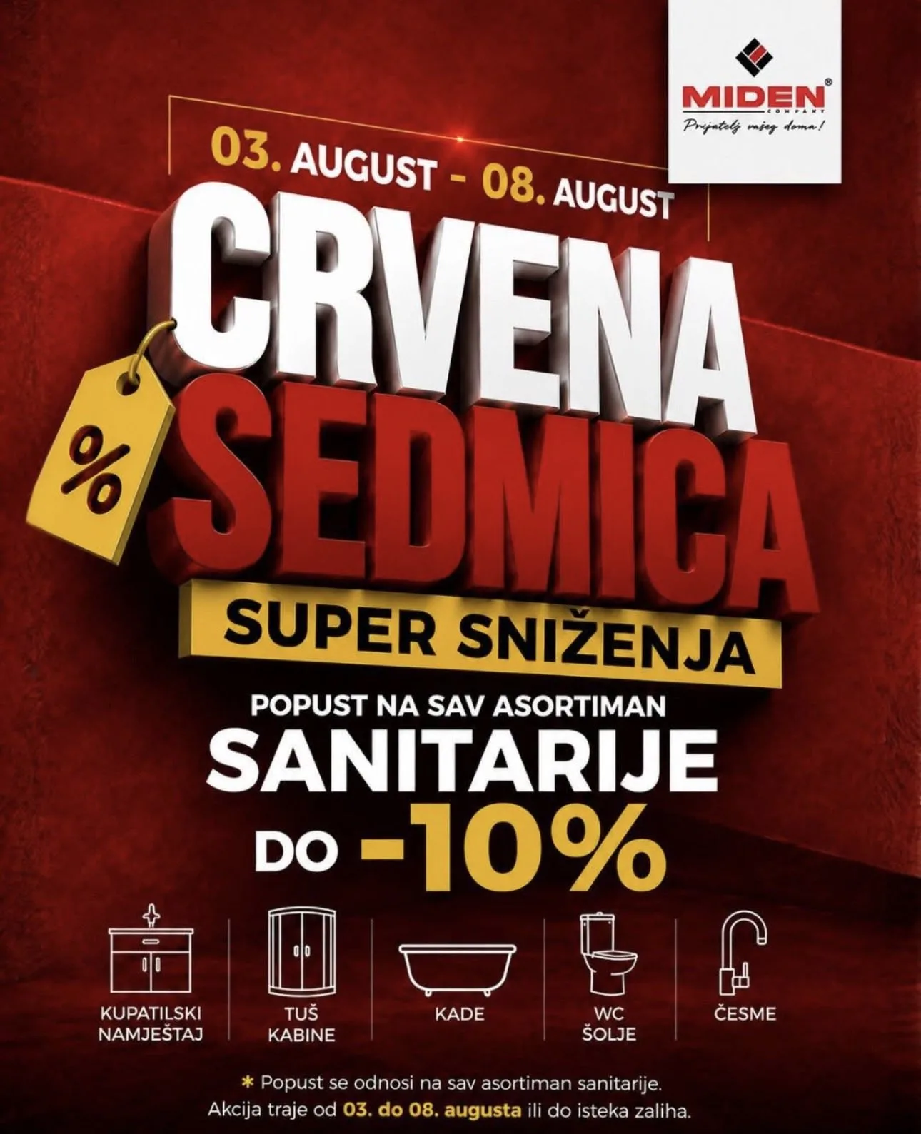 MIDEN organizuje „Crvenu sedmicu“ uz 10 posto popusta na kompletnu sanitariju