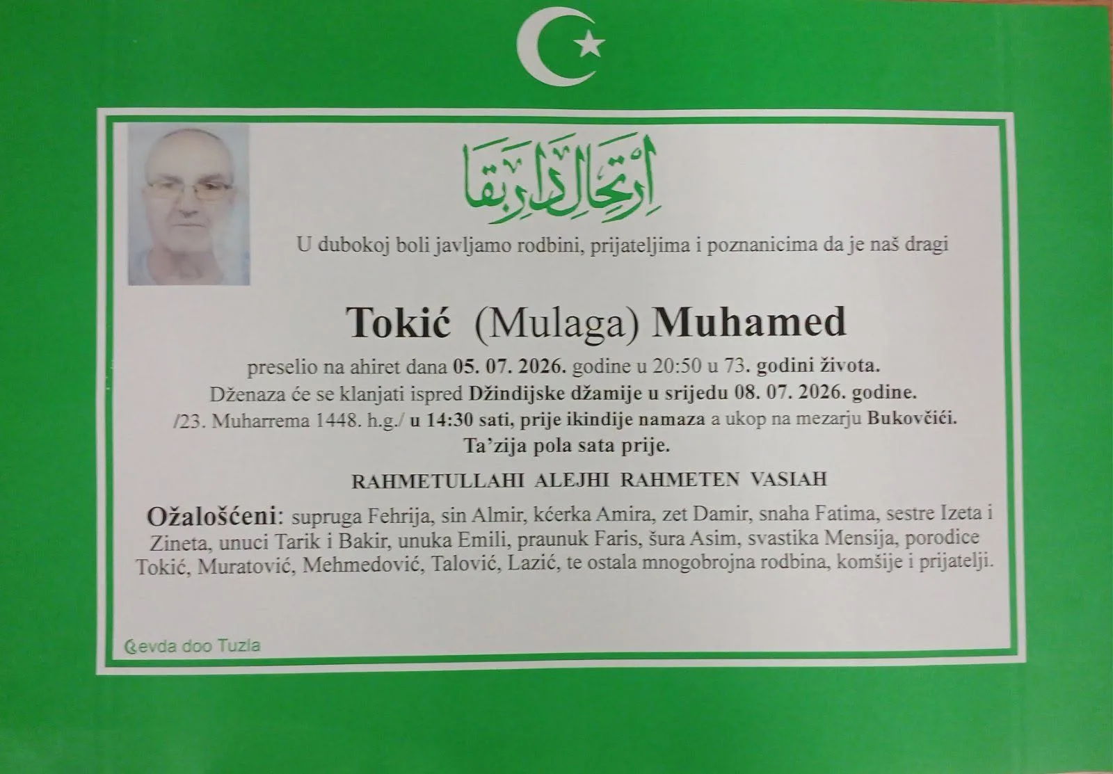 Preminuo je Muhamed Tokić