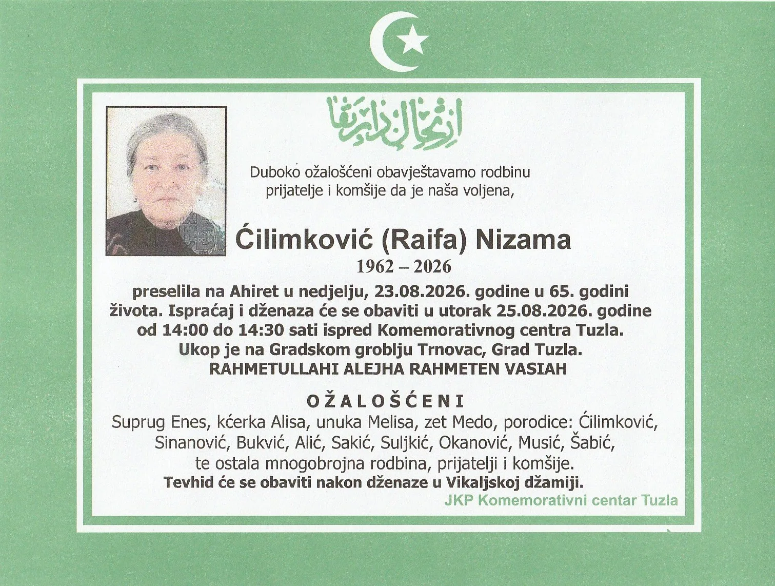 Preminula je Nizama Ćilimković