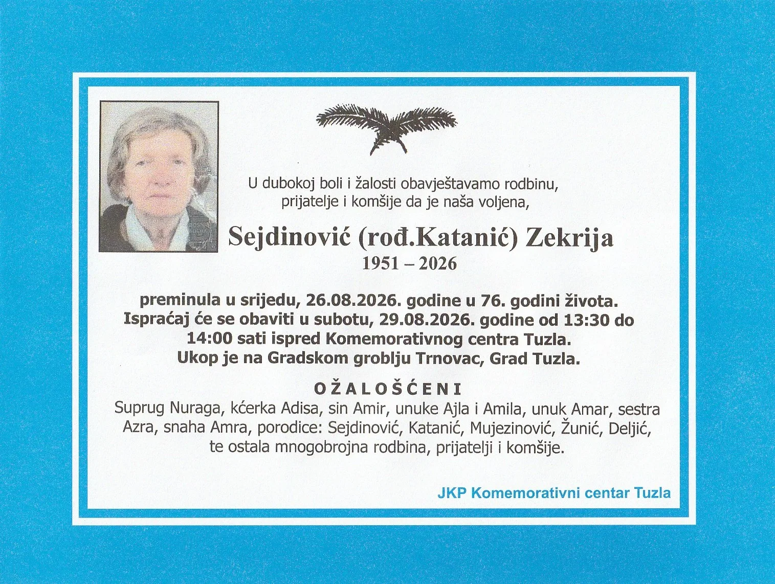 Preminula je Zekrija Sejdinović