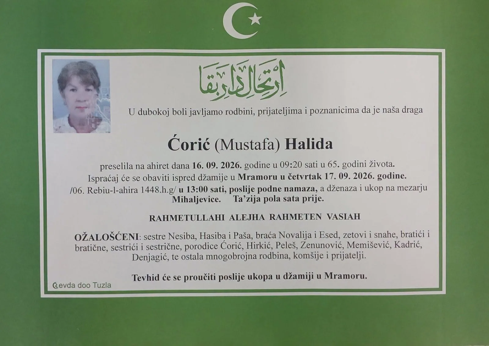 Preminula je Halida Ćorić